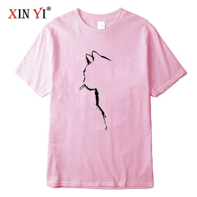XINYI Men's T-shirt Top Quality 100% cotton short sleeve cool cat print casual loose men t shirt o-neck t-shirt men tee shirts Pink-2018312