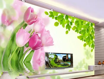 

CJSIR Custom Photo Wallpaper Mural Wall Stick Tulip Green Leaf Background Wall Mura Papel De Parede Wallpaper for Walls 3 d