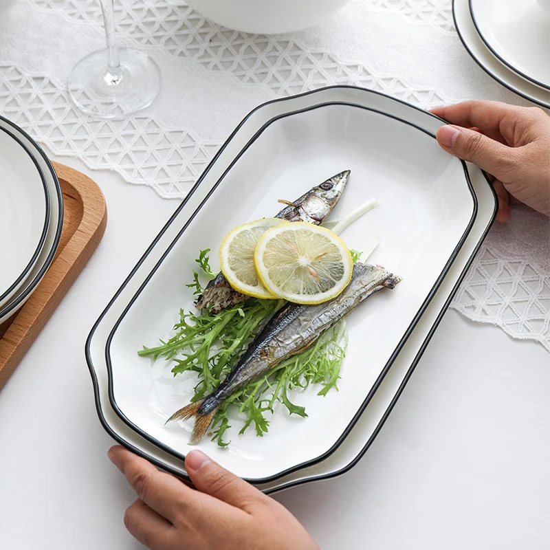 Black Rim White Ceramic Dinner Tray, Kitchen Plate, Tableware, Food Dishes, Soup Bowl, Kitchen Cook Tool, 1 Piece Sale