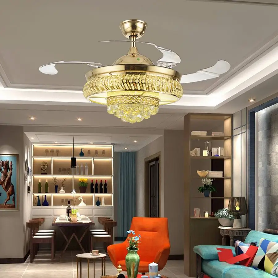 

AC 100-240V 42Inch Blades Ceiling Fan Crystal LED Light Three-color Dimmin 3000K/4500K/6000K With Remote Control For Living Room