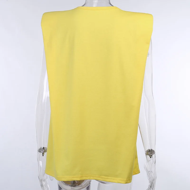 Viifaa White T Shirt with Shoulder Pad Sleeveless Round Neck Summer Tshirt Women Casual Loose Office Ladies Tops