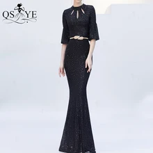 

Lantern Long Sleeves Black Evening Dress Sequin Mermaid Prom Gown High Neck Party Formal Dress Keyhole Women Prom Chic Dress New