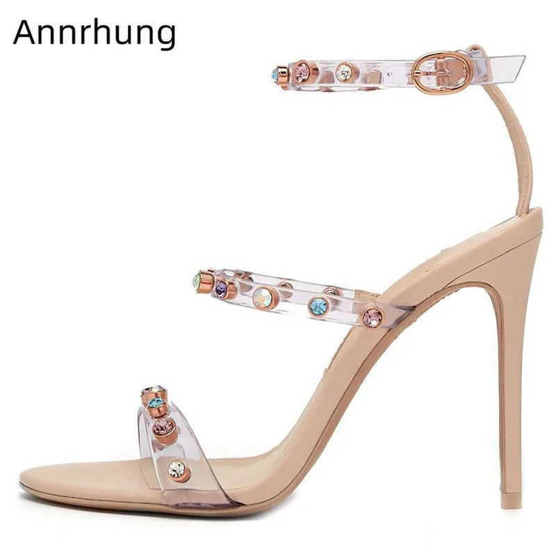 

Narrow Band High Heels Colourful Rhinestone Sandals Women Chic Open Toe Jewelled High Heels PVC Strap Catwalk Shoes Sandalias