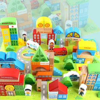 

100 Pieces Baby Toys City Traffic Scenes Geometric Shape Building Blocks Educational Wooden Brick Toy For Children Birthday Gift
