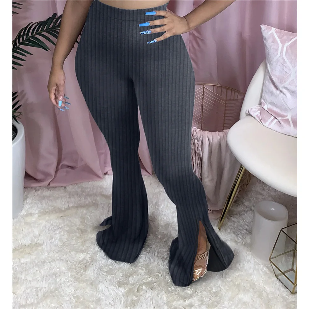 

Sexy Ribbed Knitted Warm Flare Pants Women Plus Size Side Split Sweatpants 2020 Fall Winter Fashion New Trousers Femme