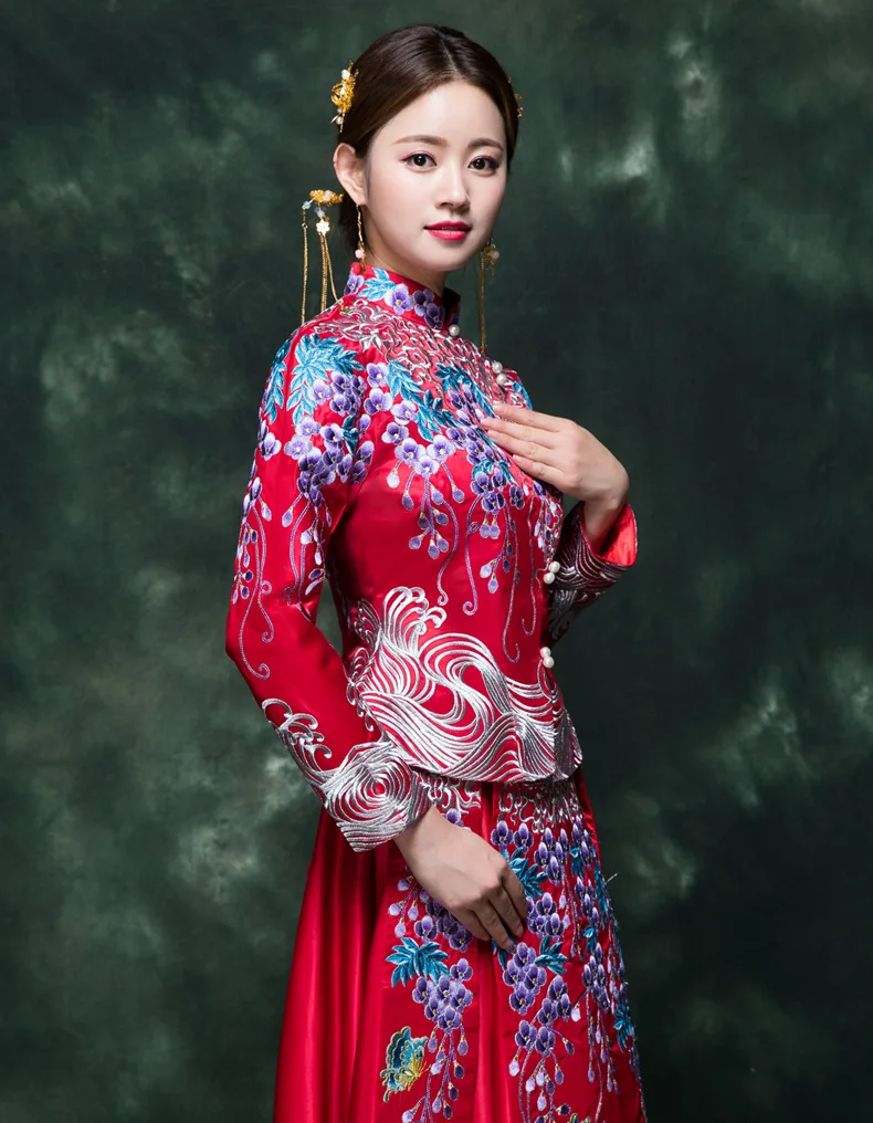 Chinese Traditional Wedding Dress Bride New Style Spring Summer Red Retro Chinese Style Marriage Slimming Dress for Toast