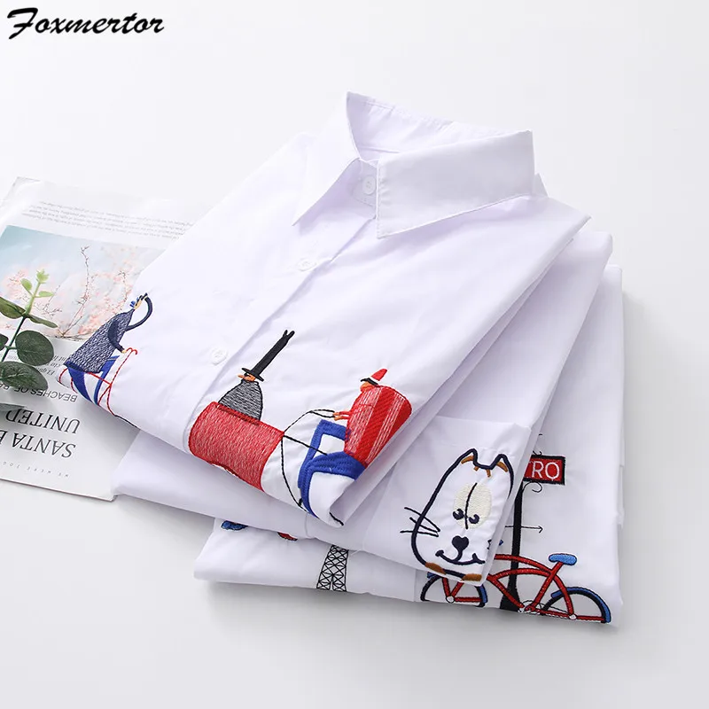 Cute Cartoon Embroidered White Shirt Autumn Women Blouse Embroidered Women Blouses Tops Loose Long Sleeve Shirt Blusas