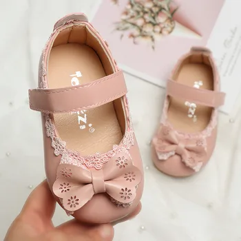 

Toddler Baby Girls First Walkers Shoes Bowknot Lace Flower Leather Shoes Student Princess Single Shoes Soft Bottom Flat Shoes