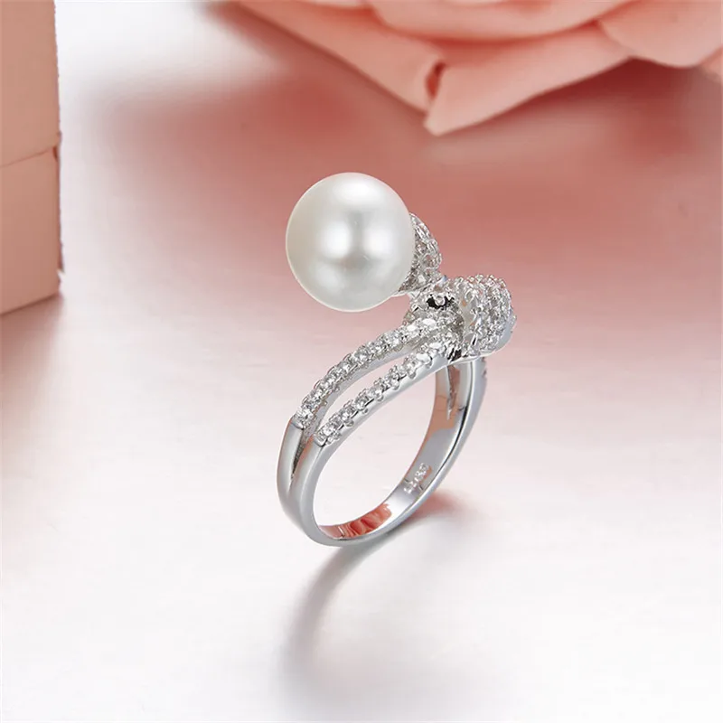 Monaco Brand Push pull Knot Pearl Crystal open cuff Ring Luxury solid 925 sterling silver mirco inlay zircons adjsutable rings | Украшения