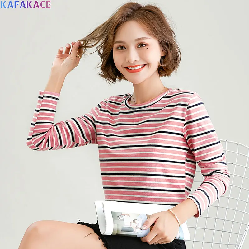 

KAFAKACE 2020 Women T-Shirt Striped Print Tops&Tees O-Neck Casual Sweatshirts Show Thin Soft Cotton Red New Pullover Women Tops
