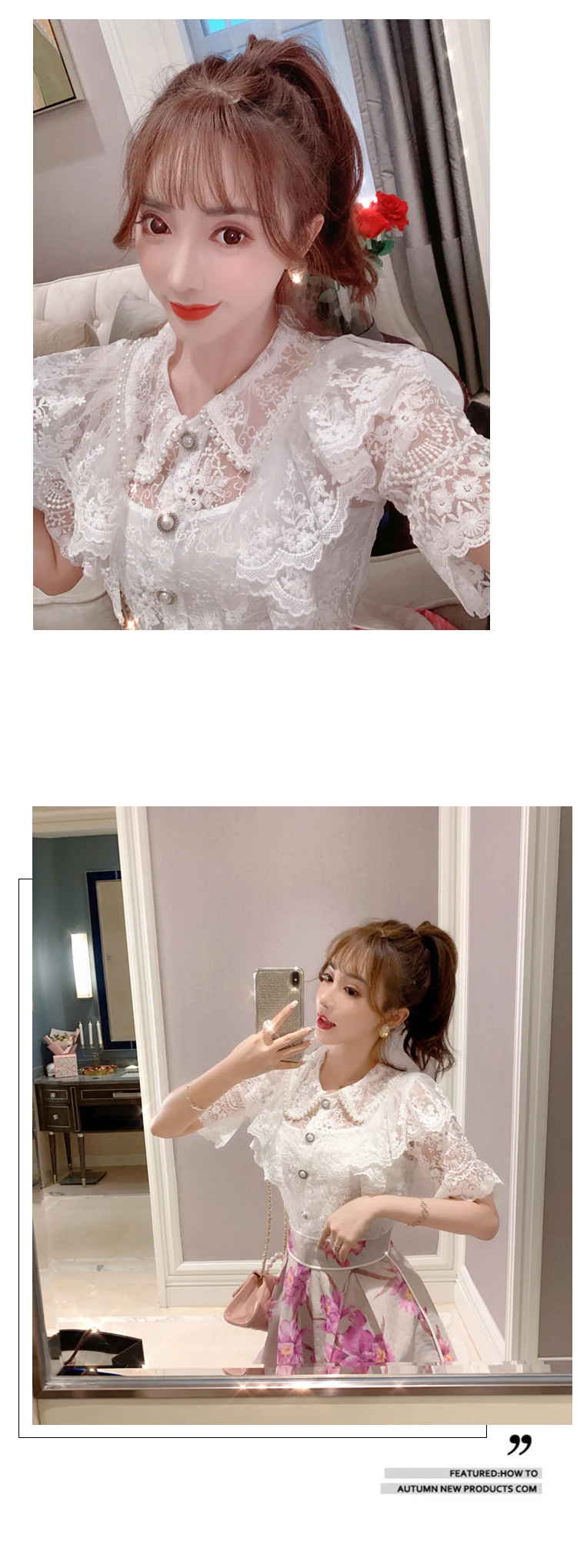 French retro lace shirt tops womens new summer air hollows were thin short sleeves Turn-down Collar  Solid