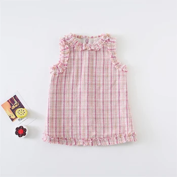

Vintage pink pliad vest dress baby girls cotton knitted sleeve girls dress costumes toddler clothing autumn children dresses