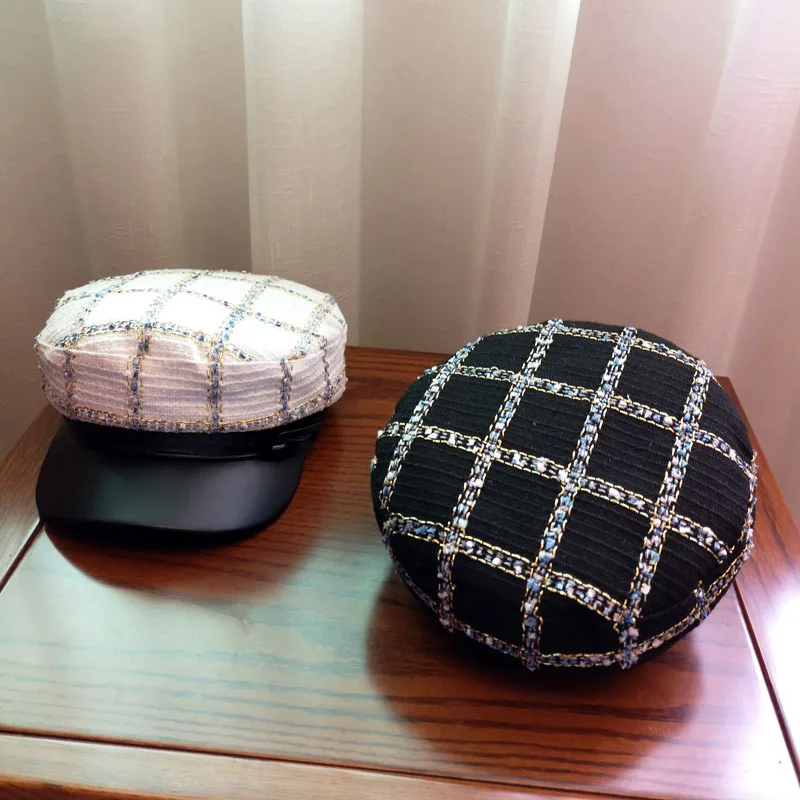 

10pcs/lot 01909-duxiao4891 autumn Tweed pu brim blue plaid octagonal hat men women leisure visors cap wholesale