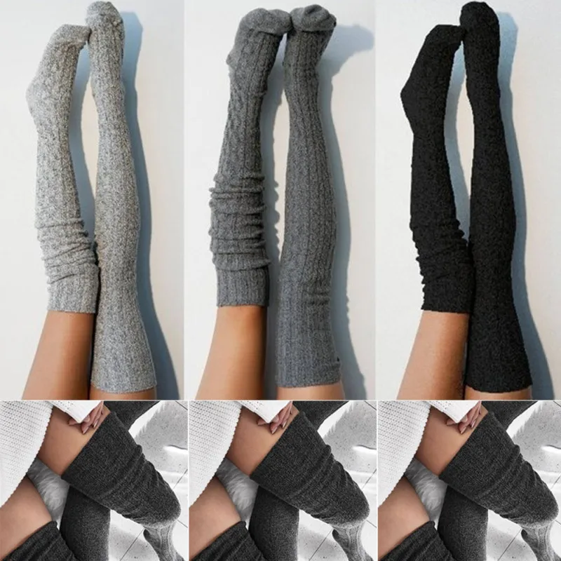 

2019 New Winter Womens Stockings Warm Girls Solid Color Knit Extra Long Boot Socks Over Knee Thigh High Warm Student Stockings