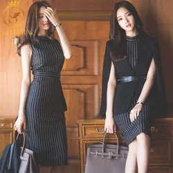 SMTHMA New Spring Autumn Women Ponchos Blazers And Jackets + Two Piece Striped Sleeveless Dress Set