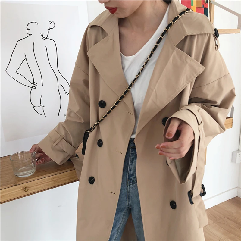 

Korean Style Trench Coat Femme Loose Long Double Breasted Women's Windbreakers Autumn Turn-down Collar Long Sleeve Feminine Coat