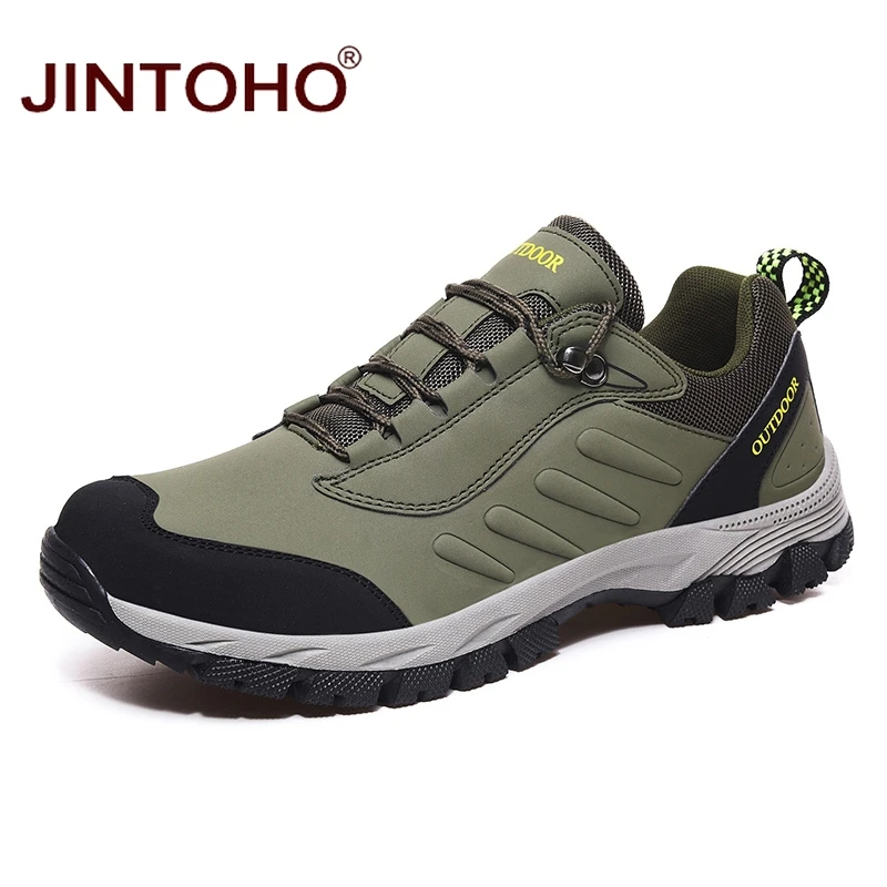 green JINTOHO, Спортивная мужская походная обувь, зимние кожаные кроссовки для мужчин, уличные походные ботинки, альпинистские горные ботинки, треккинговые ботинки - Цвет: green