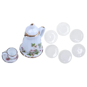 

20Pcs 1/12 Dollhouse Miniature Kitchenware: 5Pcs White Mini Ceramic Dish Food Scene Model No.1 & 15Pcs Tea Set Green Flowers Pat