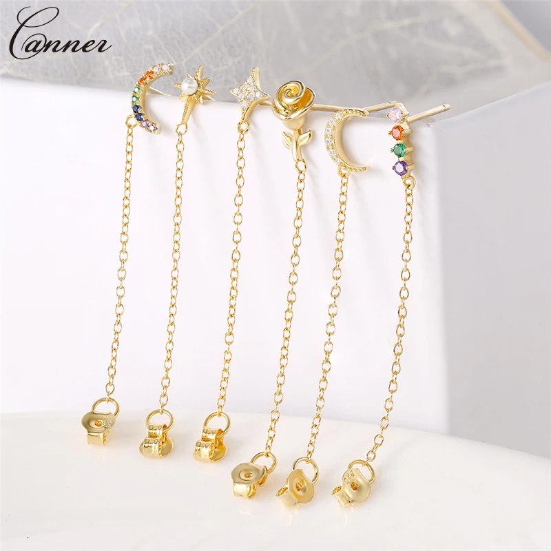 

CANNER Rainbow Zircon Moon Star Stud Earrings for Women Gold Color CZ Crystal Earrings 925 Sterling Silver Chain Earings 2019 Q4
