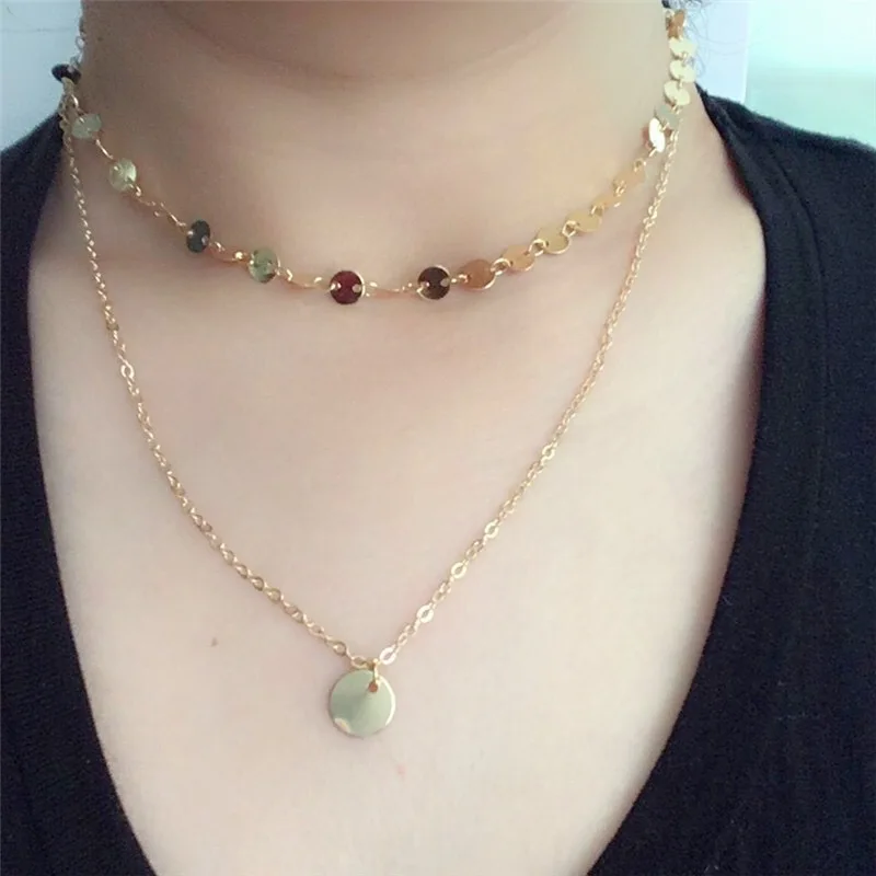 European and American simple sequin double necklace joker round piece multi- layer necklace chain collar bone