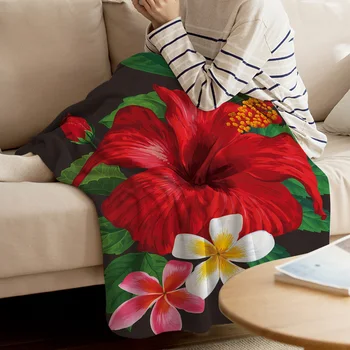 

Red Flowers Hibiscus Printed Flannel Blanket Soft Throw Blanket Machine Washable Blankets for Beds
