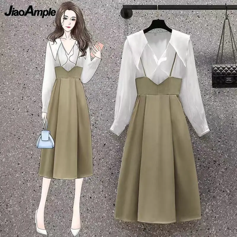 2021 Autumn New Trendy Skirt Suit Women Elegant Slim White Shirt Dress Set French Vintage Top Blouse Suspender Skirts Two-piece the new trend sexy suspender dress 2021 fall back hollow lace temperament skirt women