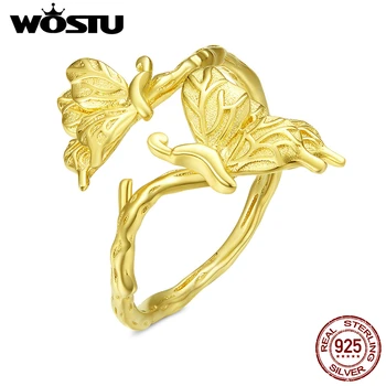 

WOSTU Real 925 Sterling Silver Dancing Butterfly Gold Flowers Rings Adjustable Zircon Wedding Ring Fashion Jewelry Gift DAR077