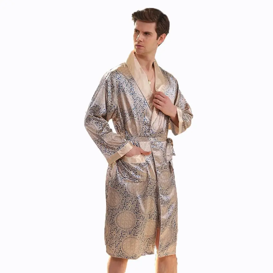 Large Size 3XL 4XL 5XL Robe Men Summer Single Nightgown Navy Blue Satin Bathrobe Kimono Gown Long Sleeve Home Dressing Gown mens cotton pajama bottoms Men's Sleep & Lounge