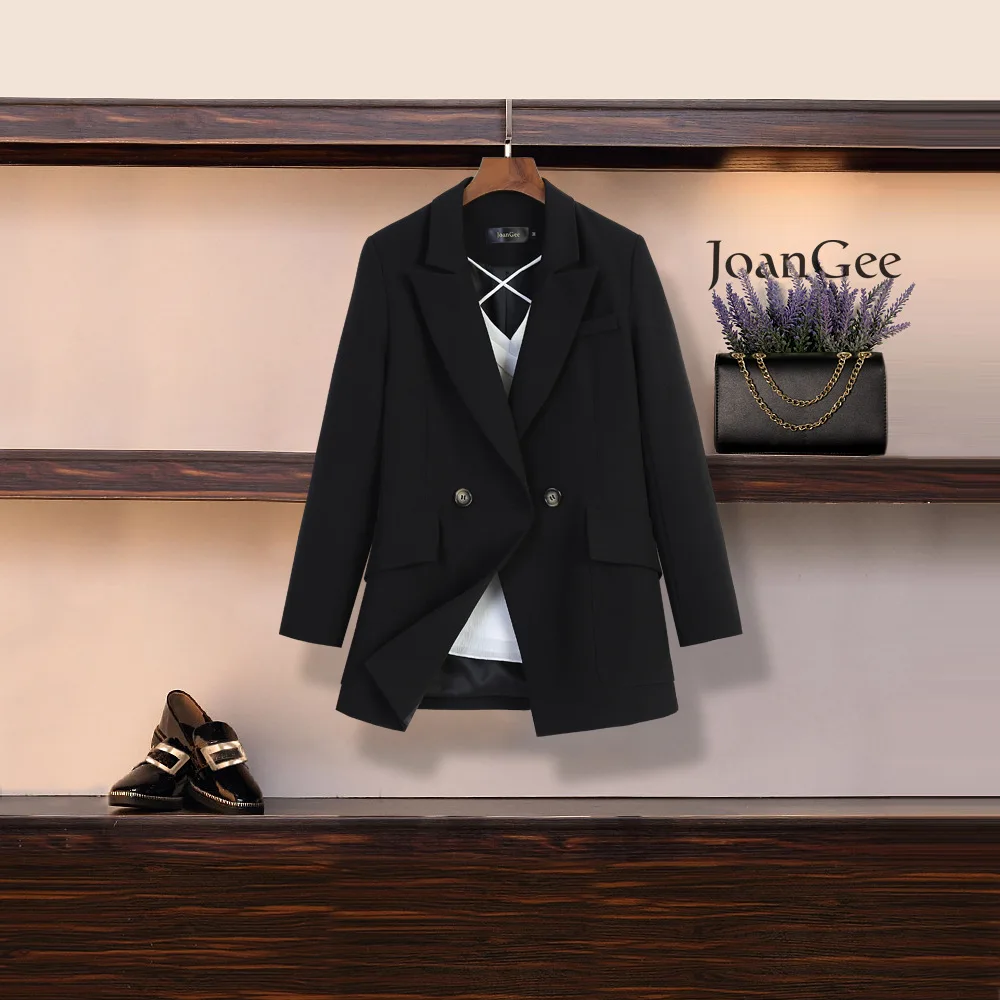 M-5XL, большой размер, женский костюм, брюки, набор, новинка, осень и зима, Повседневный, профессиональный, красный пиджак, блейзер, повседневные брюки, набор из двух предметов - Цвет: Black suit