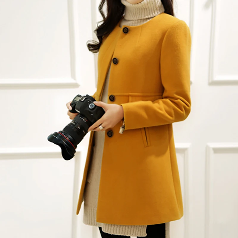 Зимнее кашемировое пальто оверсайз с круглым вырезом пальто средней длинны стиль женщин тонкий утолщение трапециевидной формы сладкий Тренч куртка
