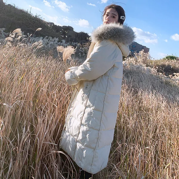 

2019 New Style Korean-style White Large Fur Collar down Jacket Women's Mid-length Thick Loose-Fit over-the-Knee Coat Cotton Coat