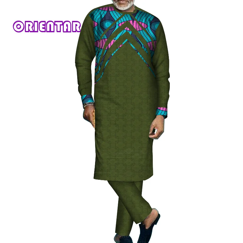 Африканская одежда для мужчин с длинным рукавом рубашка и брюки набор Базен Riche Африканский принт лоскутное мужское Макси-платье брюки набор WYN654 - Цвет: 14
