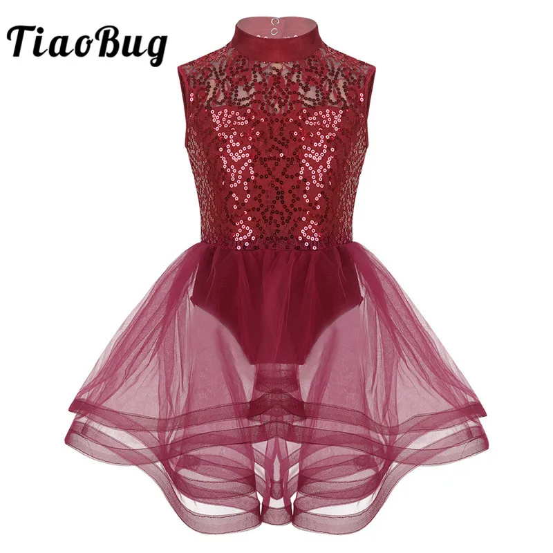 TiaoBug Girls Shiny Sequins Gymnastics Leotard Mesh Tutu Ballet Figure Skating Dress Kids Performance Competition Dance Costume |