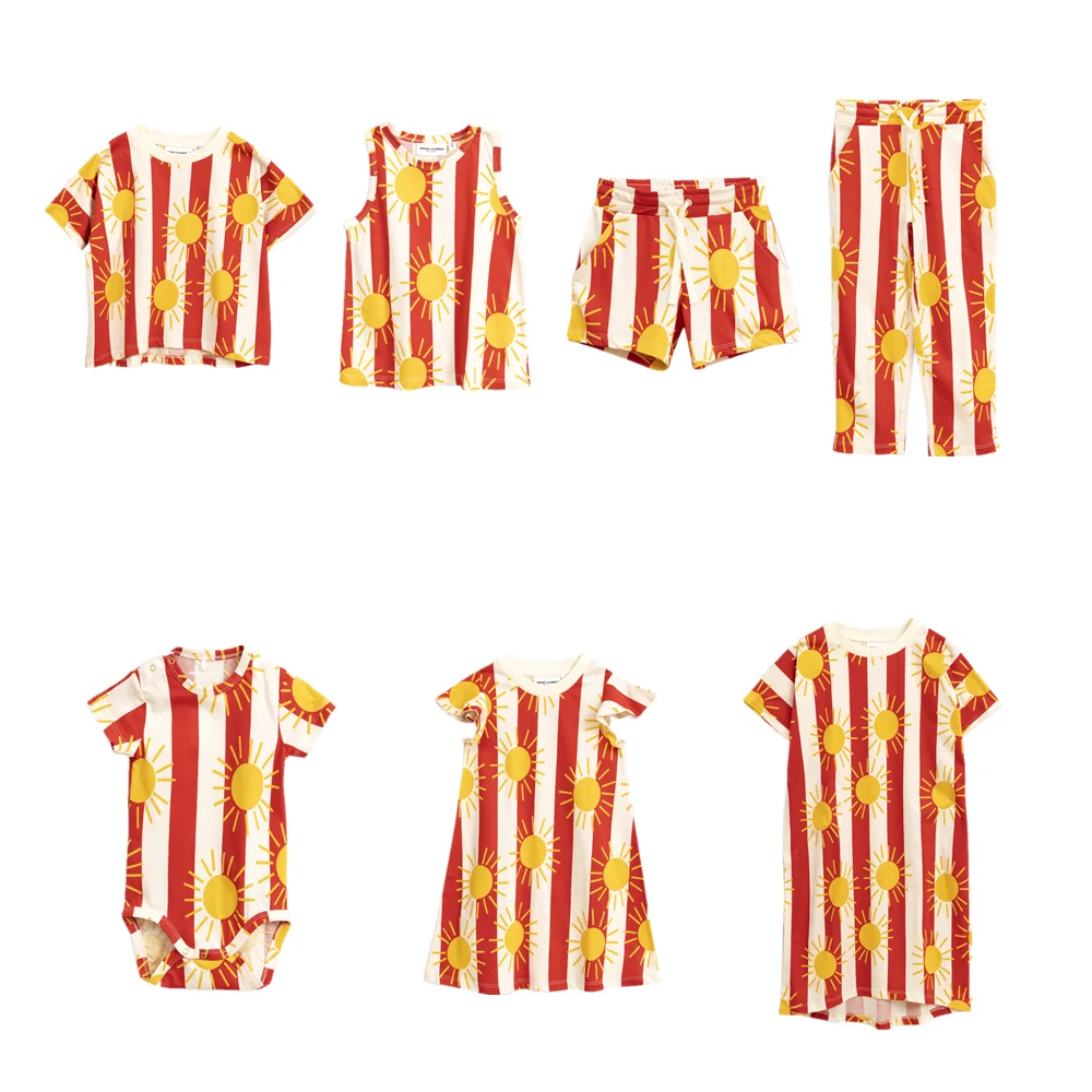 Детские футболки 19 мини, летние комплекты одежды для мальчиков Красные платья с принтом солнца для девочек, штаны футболка детские хлопковые топы, футболки, одежда