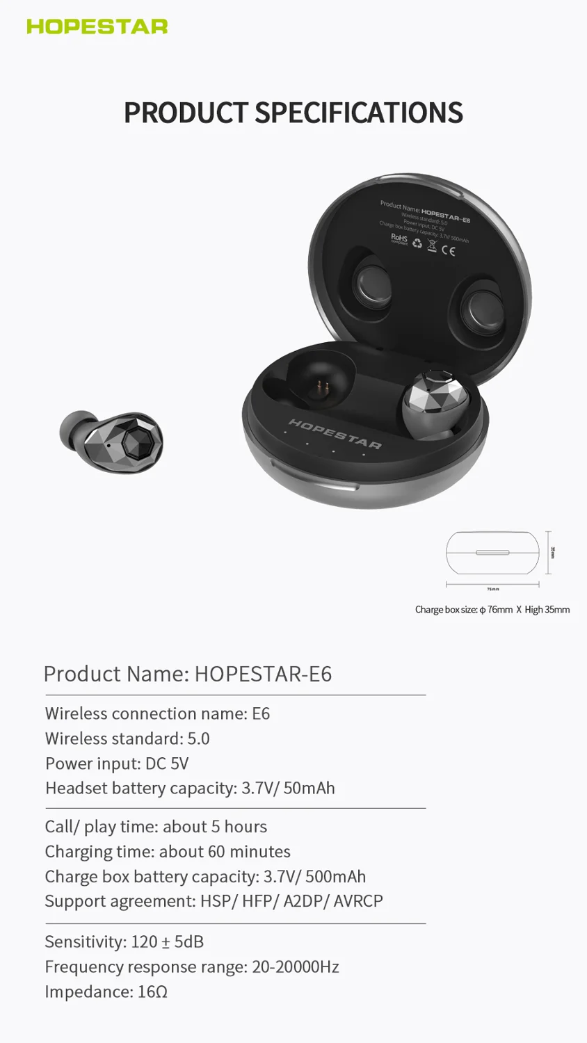 HOPESTAR E6 Bluetooth наушники TWS 5,0 с кристаллами бриллиантов, беспроводные наушники 3D стерео с зарядной коробкой
