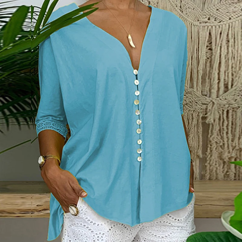 

Fashion Womens Solid Loose Lace Button V Neck T Shirt Ladies Baggy 3/4 Sleeve Tops Multicolor S-5XL Casual Street Daily Tops