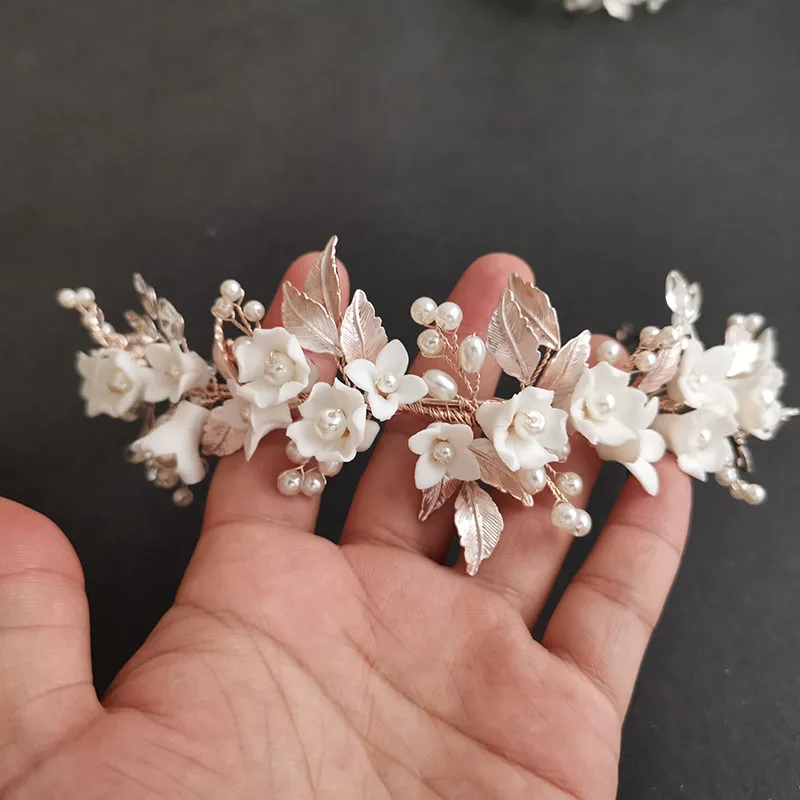 folha strass pérolas ceram flor nupcial tiara