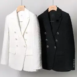 Винтажный твидовый блейзер для женщин, весна-осень, Смешанная куртка, пальто, модный офисный женский белый и черный блейзер, пальто, осень