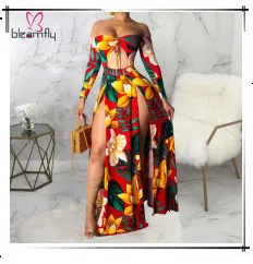 Africa Dashiki Long Dress for Women Floral Printing Indie Folk Dresses V-Neck Puff Half Sleeve A-Line Long Dresses With Sashes