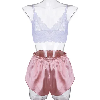 

Women Sling See Through Pajama Sets 2pcs Solid Color Lace Crop Low Chest Top +Short Pants Sleepwear Set Plus size M-XXL