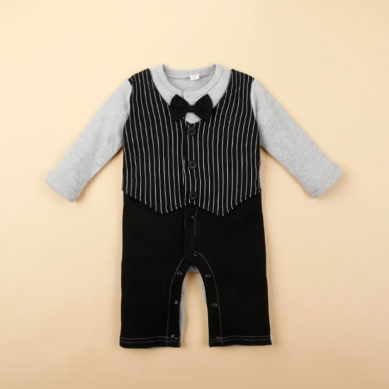 New Baby Boys Rompers Long Sleeve Turn-down Collar Bow Tie Gentleman Costumes Spring Autumn Cotton Infant Jumpsuits - Цвет: 032-E