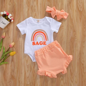 

0-24M Newborn Infant Baby Girls Clothes Sets Rainbow Print Short Sleeve Romper+Shorts+Headband 3pcs Clothing