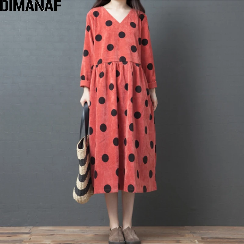 

DIMANAF Plus Size Autumn Women Dress Long Sleeve Vintage Elegant Big Size Loose Female Vestidos Print Dot Dress Clothing 2019