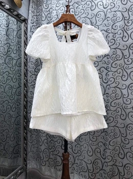 

2020 Spring and Summer New Women's Square Collar Slingback Knotted Short-Sleeved Top Shorts Solid Color Dark Pattern Suit 720