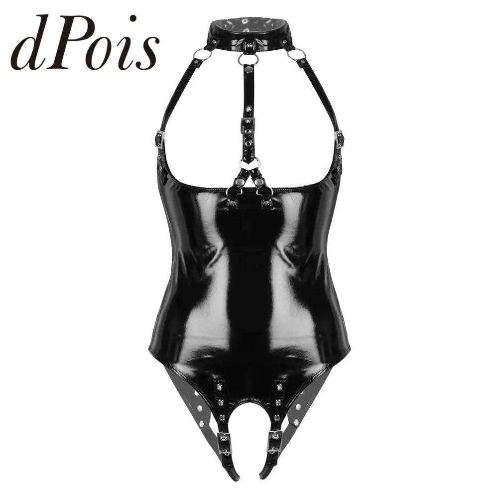 

Womens Open Cups Wet Look Patent Leather One-piece Sexy Lingerie Halter Neck Bare Breast Crotchless One Piece Leotard Bodysuit