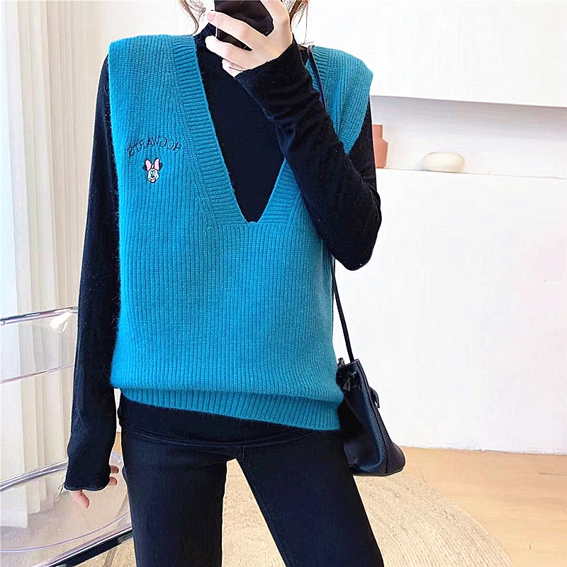 

2020 New Cute Ladies Cartoon Knit Sweater Vest Sleeveless V Neck Knitted Vest Women Autumn Winter Loose Cashmere Vest Waistcoat