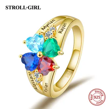 

Personalized Heart Birthstone Rings Custom Engraved 4 Names Finger Rings for Women 925 Sterling Silver Jewerly Gift Wholesale