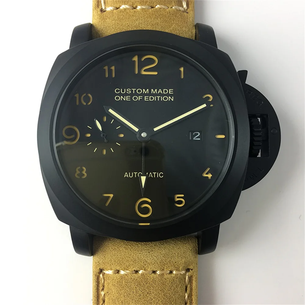 

44mm Automatic GMT Machinery Watch Men Leather Strap Power Reserve Luminous Gold Case Military Waterproof Watch P03