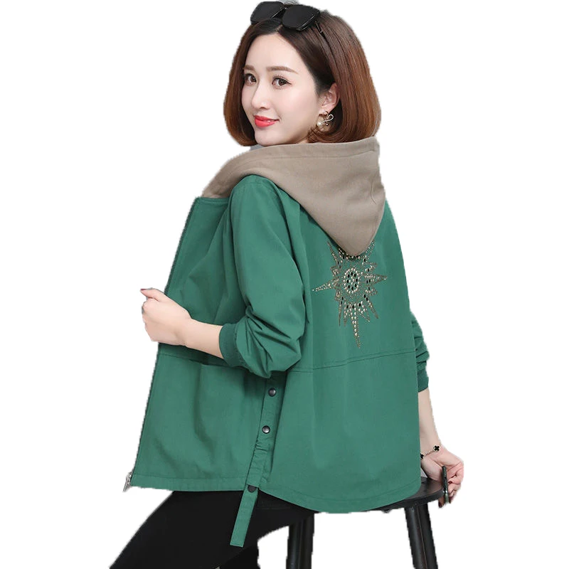 

Short Trench Coat Female Spring Autumn New 2023 Women Windbreakers Korean Style Fashion Hooded Coat Outerwear Green 5XL W545