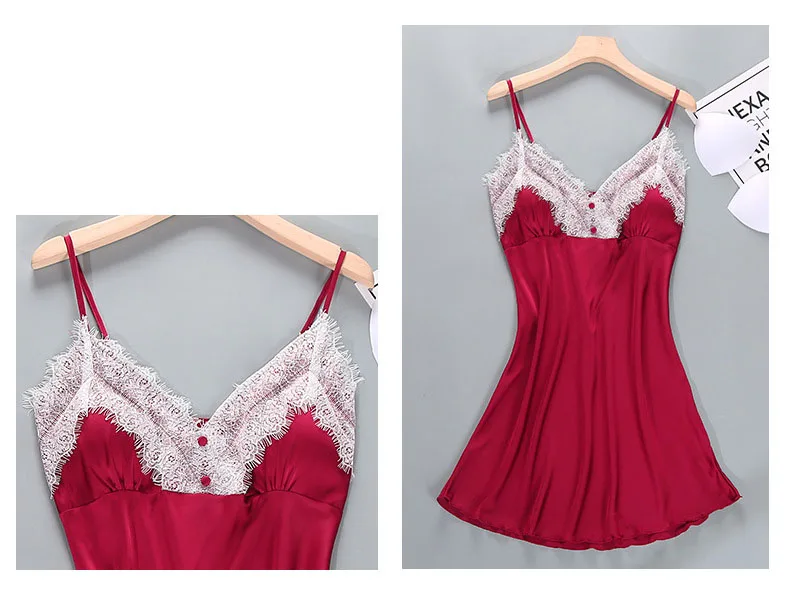 Queenral 2PCS Sexy Women's Robe Gown Sets Night Woman Nightgown Summer Nightdress Lace Satin Sleepwear Pajamas With Chest Pad   2 (2)